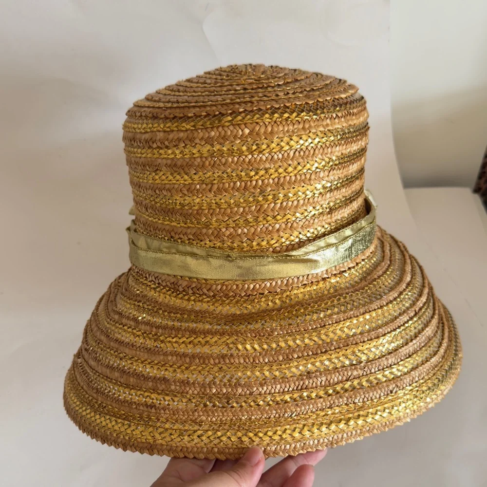 Eric Javits Gold Metallic Straw Bow Cloche Bucket Hat - Picture 2 of 8